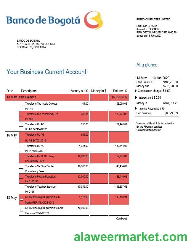 Banco de Bogota enterprise account statement Word and PDF template